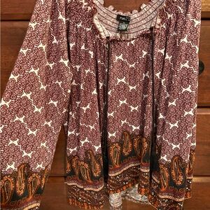 Women's Paisley Print Top - Maroon and Orange